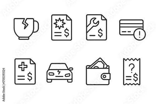 Unexpected Expenses Icons. Outline icon set of unexpected expenses: broken item, emergency bill, repair receipt, urgent payment,