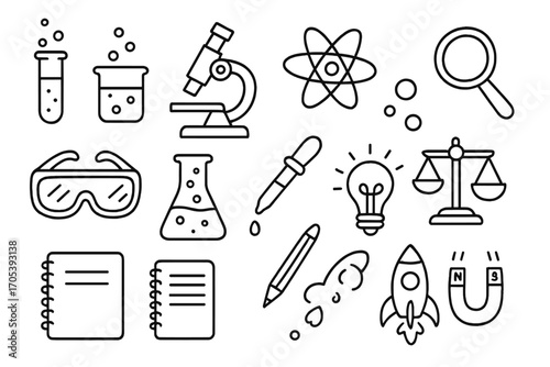 Science Doodle Icons. Hand-drawn doodle illustration science experiments for kids test tube, beaker, microscope, atom, magnifying