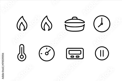 Slow Cooker Icons. Outline icon set of slow cooker settings: low heat, high heat, keep warm, timer clock, temperature gauge,
