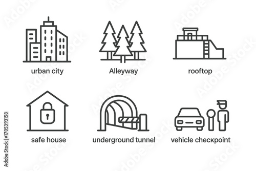 Field Agent Icon Set. Outline icon set of field agent environment: urban city, alleyway, forest, rooftop, safe house, underground