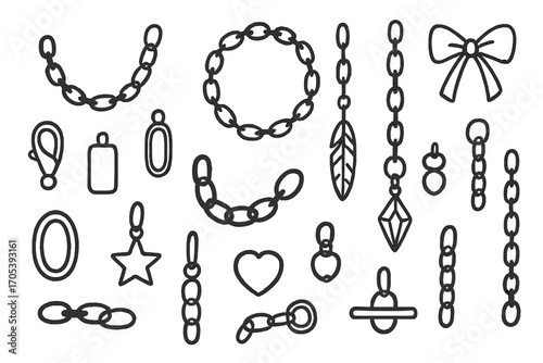Chain Accessories Doodle. Hand-drawn doodle illustration chain accessories necklace, bracelet, clasp, pendant, charm, metal links,