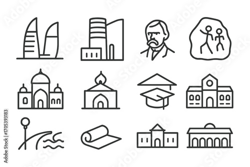 Iconic Cultural Sets. Outline icon set of Belarusian education and literature: book, quill pen, library, Belarusian poet,