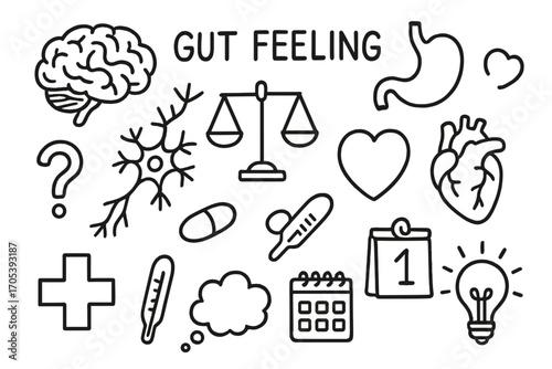 Gut Decision Doodles. Hand-drawn doodle illustration gut feeling decision making brain, stomach, heart, scales, question mark,