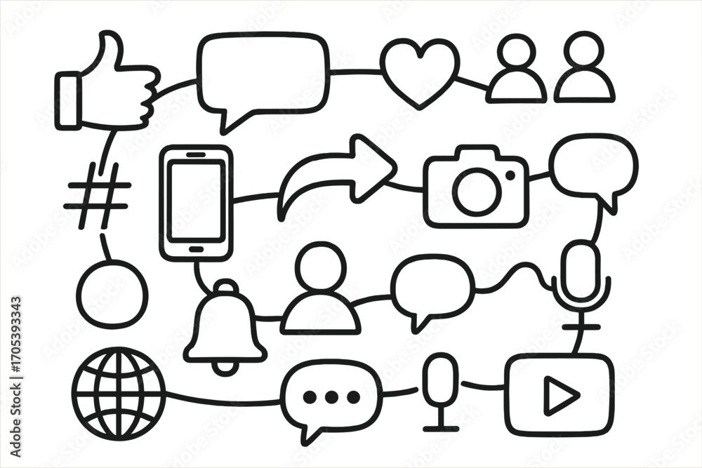 Fototapeta premium Social Media Icons. Hand-drawn doodle illustration connection social media like button, comment bubble, share arrow, smartphone,