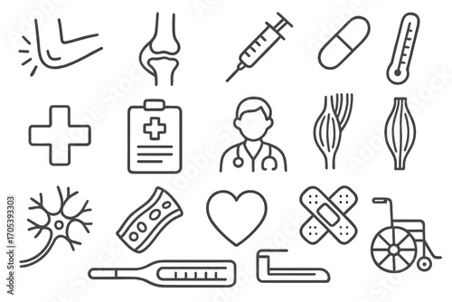 Elbow Pain Doodle. Hand-drawn doodle illustration elbow pain pain symbol, elbow joint, syringe, pill, thermometer, cross,