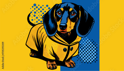Dachshund in raincoat in pop art vector blue-yellow design