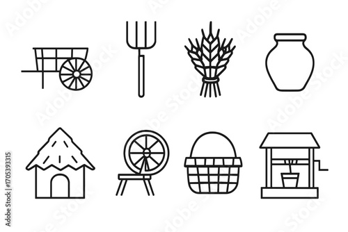 Peasant Life Icons. Outline icon set of peasant life: wooden cart, pitchfork, wheat sheaf, clay pot, thatched hut, spinning wheel,