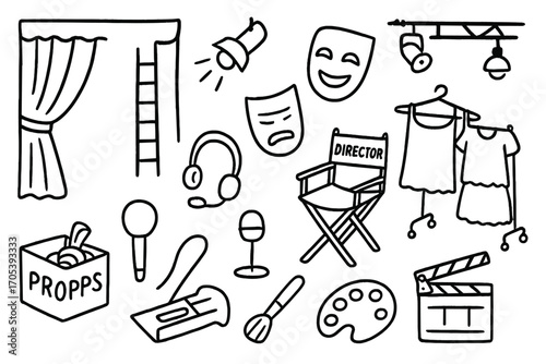 Theater Stage Elements. Hand-drawn doodle illustration behind-the-scenes theater stage, spotlight, script, mask, curtain, director