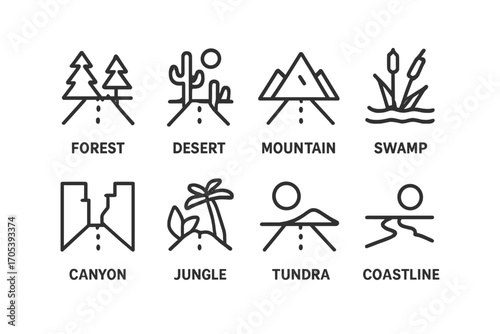 Nature Path Icons. Outline icon set of unknown road settings: forest, desert, mountain, swamp, canyon, jungle, tundra, coastline.