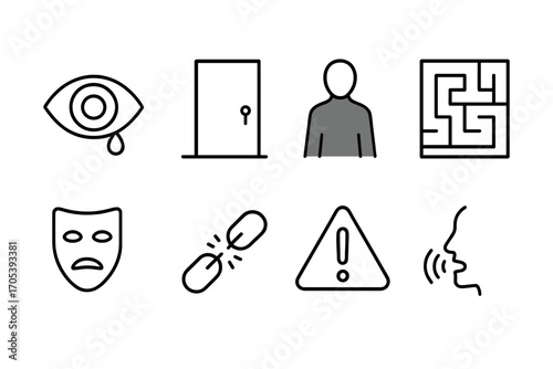 Paranoia Icons Set. Outline icon set of paranoia and suspicion: eye with tear, locked door, shadow figure, maze, mask, broken