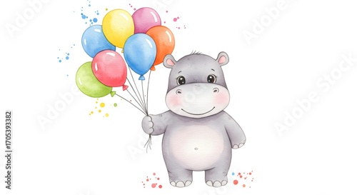 Adorable watercolor hippo holding colorful balloons, perfect for baby showers and kids' birthday invitations or delightful children's book illustrations