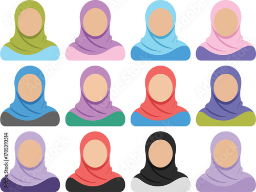 Twelve faceless figures wearing different colored hijabs