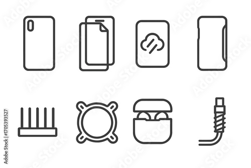 Electronic Protective Icons. Outline icon set of protective layers in electronics: phone case, screen protector, dust cover,