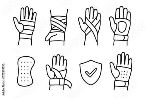 Wrist Support Icons. Hand-drawn doodle illustration wrist support wrist brace, compression wrap, kinesiology tape, padded guard,