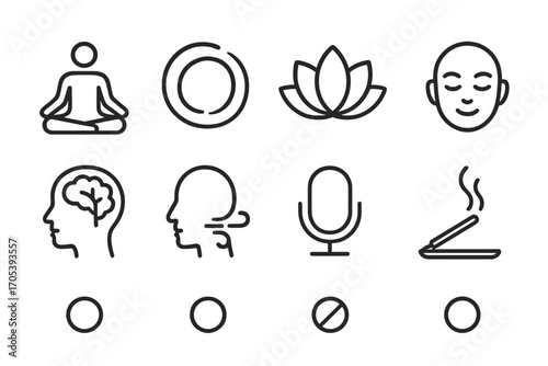 Mindfulness Icons Set. Outline icon set of mindfulness breathing: yoga pose, zen circle, lotus flower, calm face, peaceful mind,
