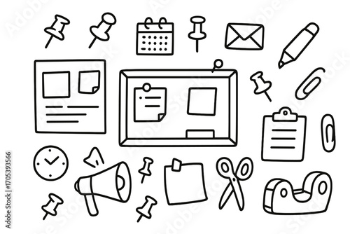 Bulletin Board Essentials. Hand-drawn doodle illustration Visual elements of bulletin boards flyer, push pins, paper notes,