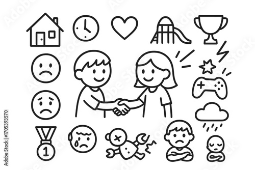 Sibling Peace Doodle. Hand-drawn doodle illustration siblings rivalry peace making handshake, smiley faces, heart, peace symbol,