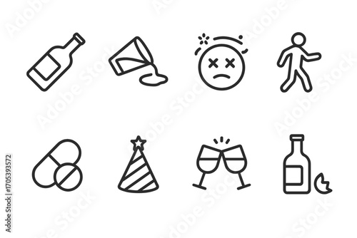 Drunk Icons Set. Outline icon set of drunk: tipped bottle, spilled glass, dizzy face, wobbly walk, hangover pill, party hat,