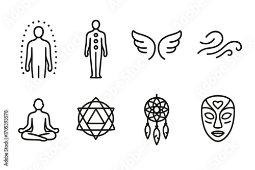 Spiritual Icon Set. Outline icon set of spiritual connection: aura glow, chakras, spirit wings, energy flow, meditating person,