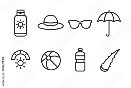Sun Protection Icons. Outline icon set of sun protection and skin care: sunscreen lotion, hat, sunglasses, umbrella, UV index,