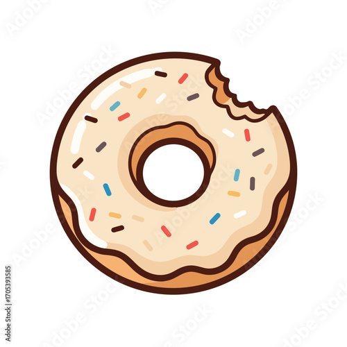 Bitten white donut with sprinkles isolated on a clean white background, sweet dessert concept illustration.