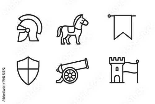 Empire Conquest Icons. Outline icon set of empire conquest: helmet, sword, warhorse, banner, shield, cannon, fort, flag. Line