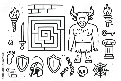 Labyrinth Icon Collection. Hand-drawn doodle illustration labyrinth and minotaur maze, minotaur, torch, stone walls, sword, shield