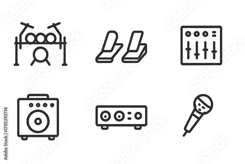 Electronic Drum Icon Set. Outline icon set of electronic drum setup: drum rack, pad cluster, pedal board, mixer, amplifier, sound