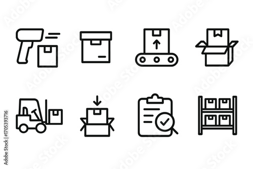 Sorting Process Icons. Outline icon set of sorting processes: scanning, labeling, sorting, packing, loading, unloading, quality