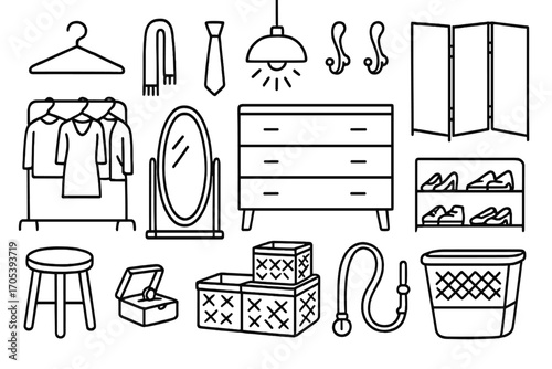 Organized Closet Essentials. Hand-drawn doodle illustration Organized closet and dressing room essentials hanger, full-length