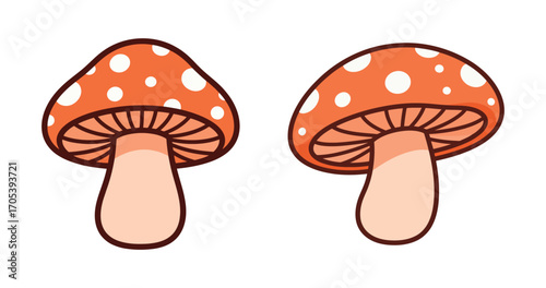 Pair of cartoon mushrooms, red with white polka dots, isolated on a clean white background, autumn forest design elements.