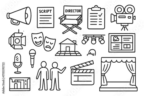 Director's Toolkit Doodles. Hand-drawn doodle illustration Theater director’s toolkit megaphone, script, director’s chair,