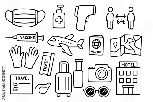 Travel Safety Icons. Hand-drawn doodle illustration Travel safety measures face mask, hand sanitizer, thermometer, social