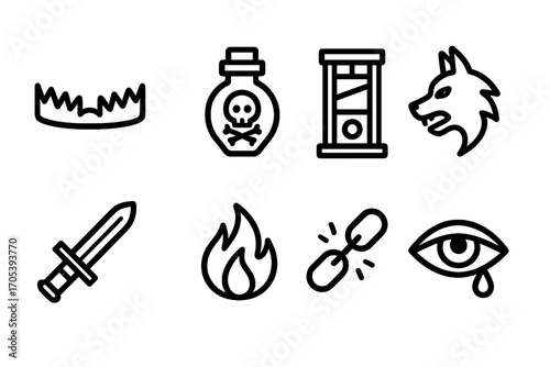 Ruthless Tactics Icons. Outline icon set of ruthless tactics: trap, poison vial, guillotine, wolf, dagger, fire flame, broken
