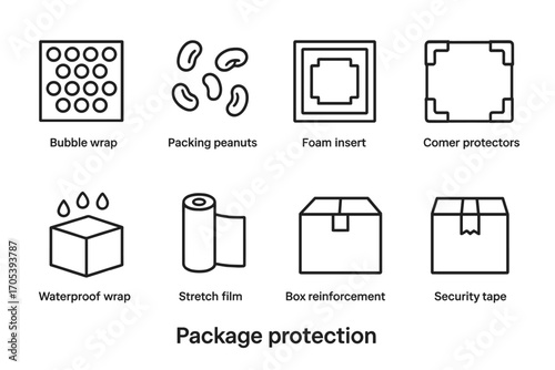 Package Protection Icons. Outline icon set of package protection: bubble wrap, packing peanuts, foam insert, corner protectors,