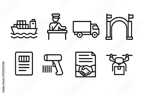 Cross-Border Trade Icons. Outline icon set of cross-border trade: cargo ship, customs checkpoint, container truck, border gate,