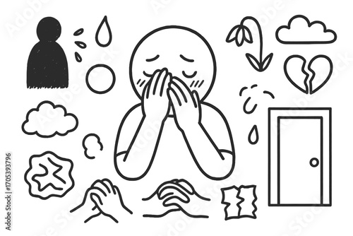 Shy Doodle Sketch. Hand-drawn doodle illustration feeling exposed shy face, blushing cheeks, hands covering face, tear drop,
