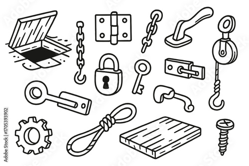 Trapdoor Mechanism Doodle. Hand-drawn doodle illustration trapdoor mechanism trapdoor, hinge, lever, chain, lock, key, bolt,