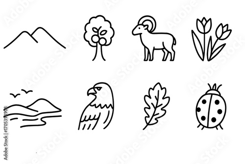 Outline Icon Sets. Outline icon set of Latvian symbols: national flag, folk ornament, oak leaf, rye sheaf, kokle instrument, Riga