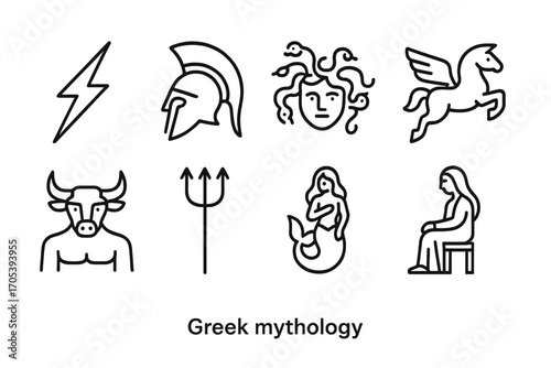 Greek Mythology Icon Set. Outline icon set of Greek mythology: Zeus lightning bolt, Athena helmet, Medusa head, Pegasus, Minotaur,