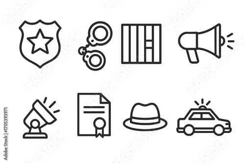 Gang Law Enforcement Icons. Outline icon set of gang law enforcement: police badge, handcuffs, jail cell, spotlight, megaphone,