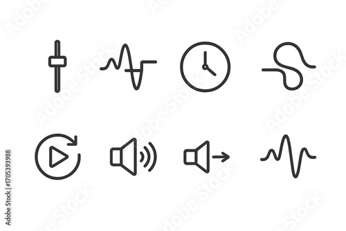 Trigger Settings Icons. Outline icon set of trigger settings: sensitivity adjustment, threshold level, trigger delay, trigger
