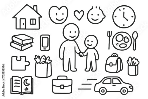 Single Parent Support. Hand-drawn doodle illustration single parent care and support parent holding child hand, heart symbol,