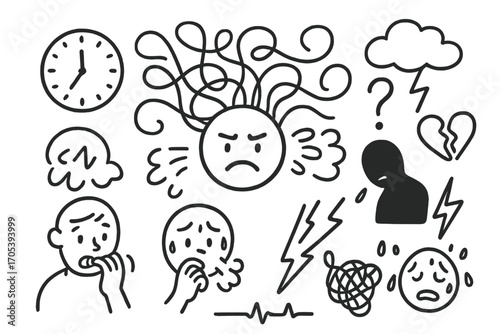 Restless Mind Doodles. Hand-drawn doodle illustration restless mind swirling lines, frowning face, spirals, clock, biting nails,
