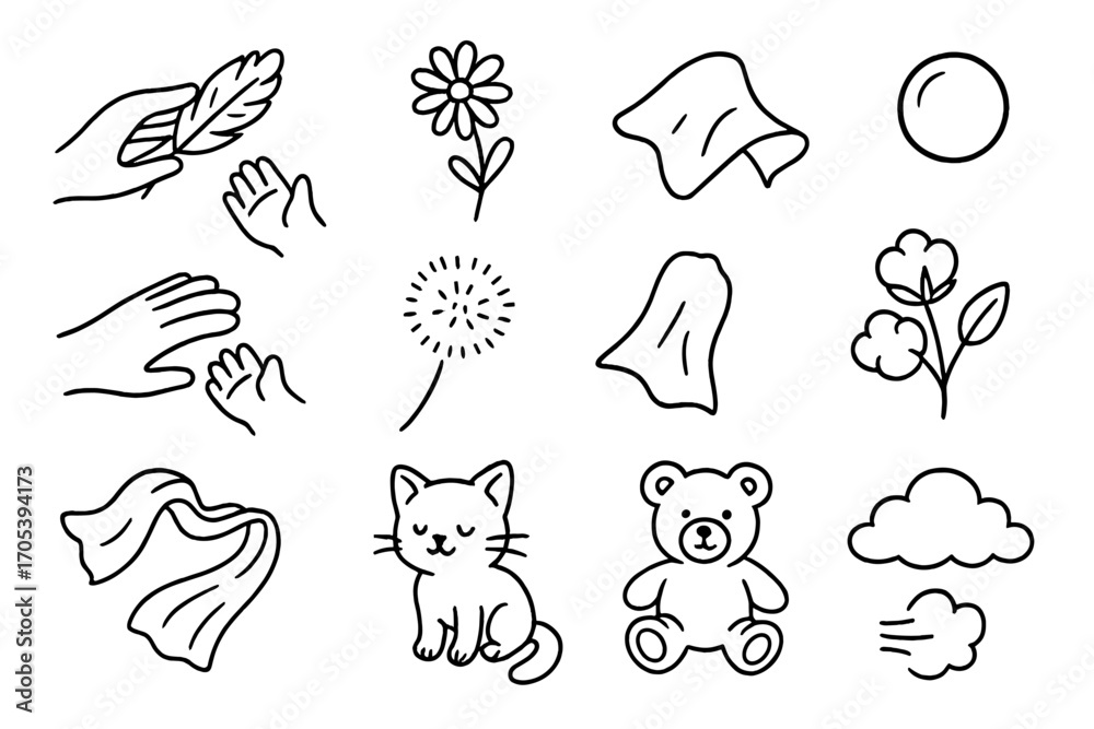 Fototapeta premium Gentle Touch Icons. Hand-drawn doodle illustration gentle touch hand, feather, flower, soft fabric, baby hand, pet paw, dandelion,