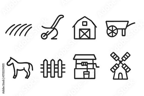 Rural Fief Icons. Outline icon set of rural fief elements: field, plow, barn, cart, horse, fence, well, windmill. Line icons in