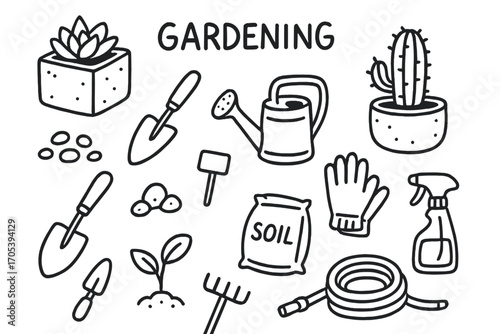 Gardening Tools Doodle. Hand-drawn doodle illustration Gardening with concrete planters concrete pot, succulent, cactus, trowel,
