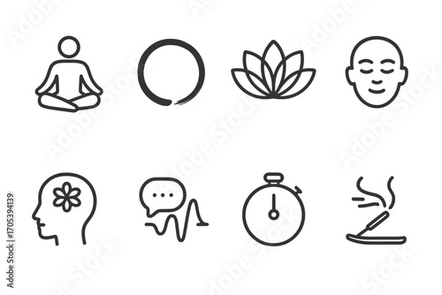 Mindfulness Icons Set. Outline icon set of mindfulness breathing: yoga pose, zen circle, lotus flower, calm face, peaceful mind,
