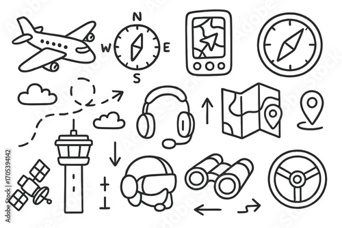 Aviation Navigation Icons. Hand-drawn doodle illustration aerial navigation airplane, compass, GPS device, radar, map, satellite,