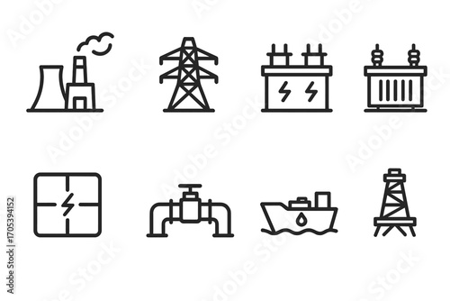 Energy Infrastructure Icons. Outline icon set of energy infrastructure: power plant, transmission tower, substation, transformer,